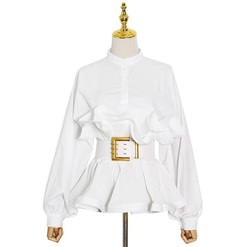 Spring Ruffle Belted Top with Stand Collar